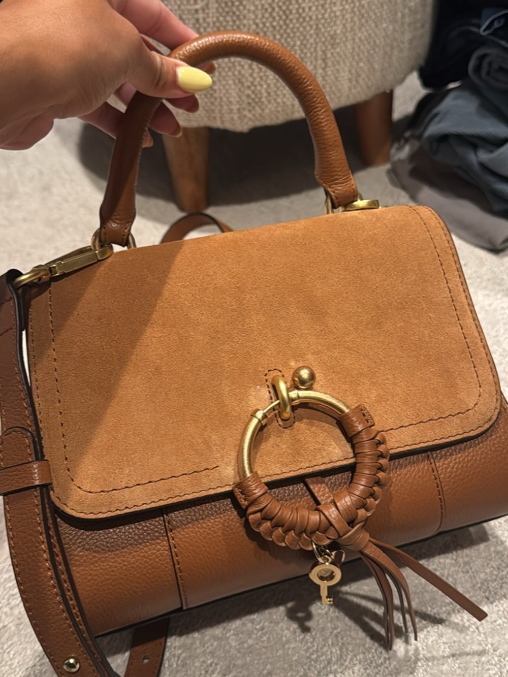 Tan Leather and Suede Top-Handle Satchel - Women Bags